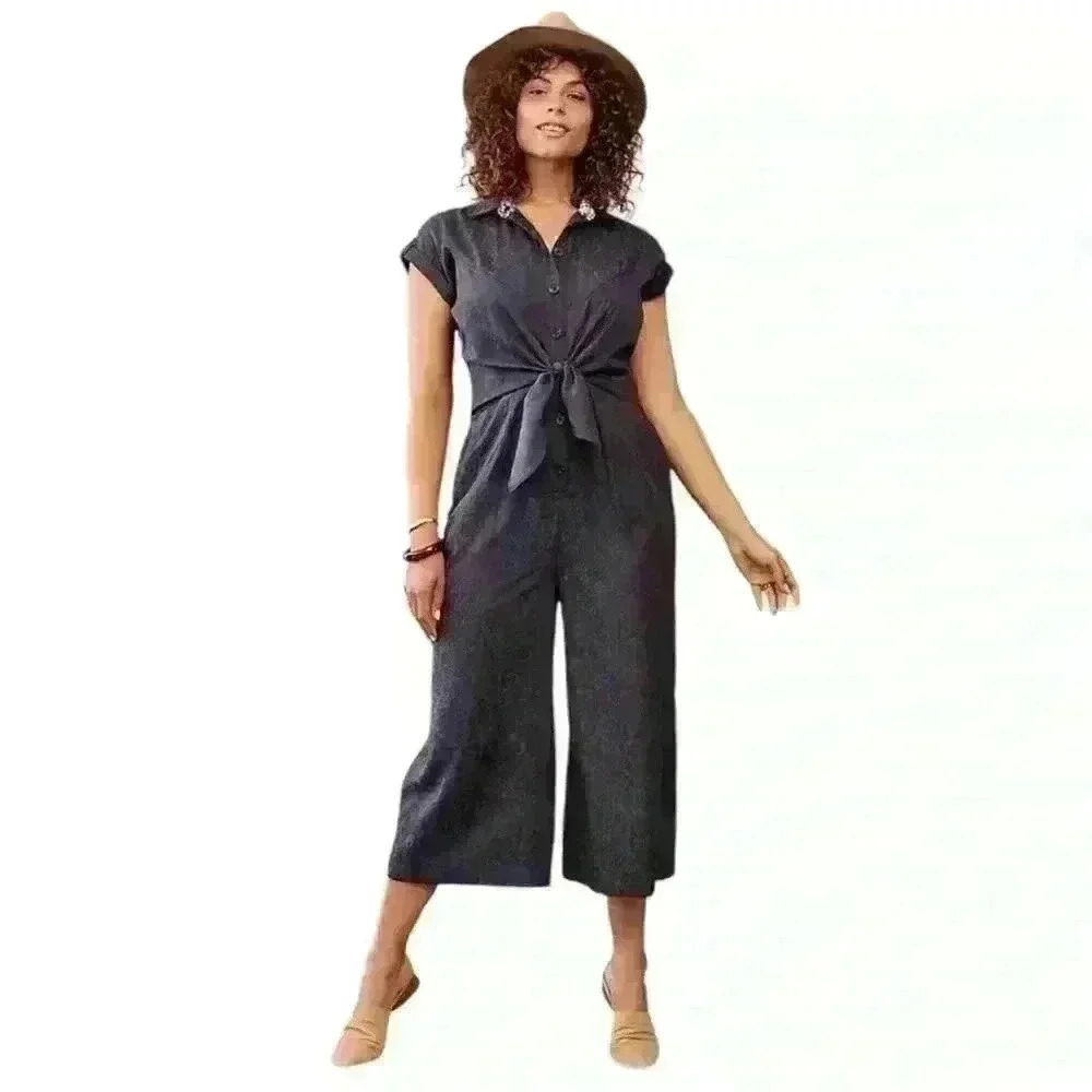 Anthropologie Ett:Twa James Navy Blue Tie‎ Waist Wide Leg Jumpsuit